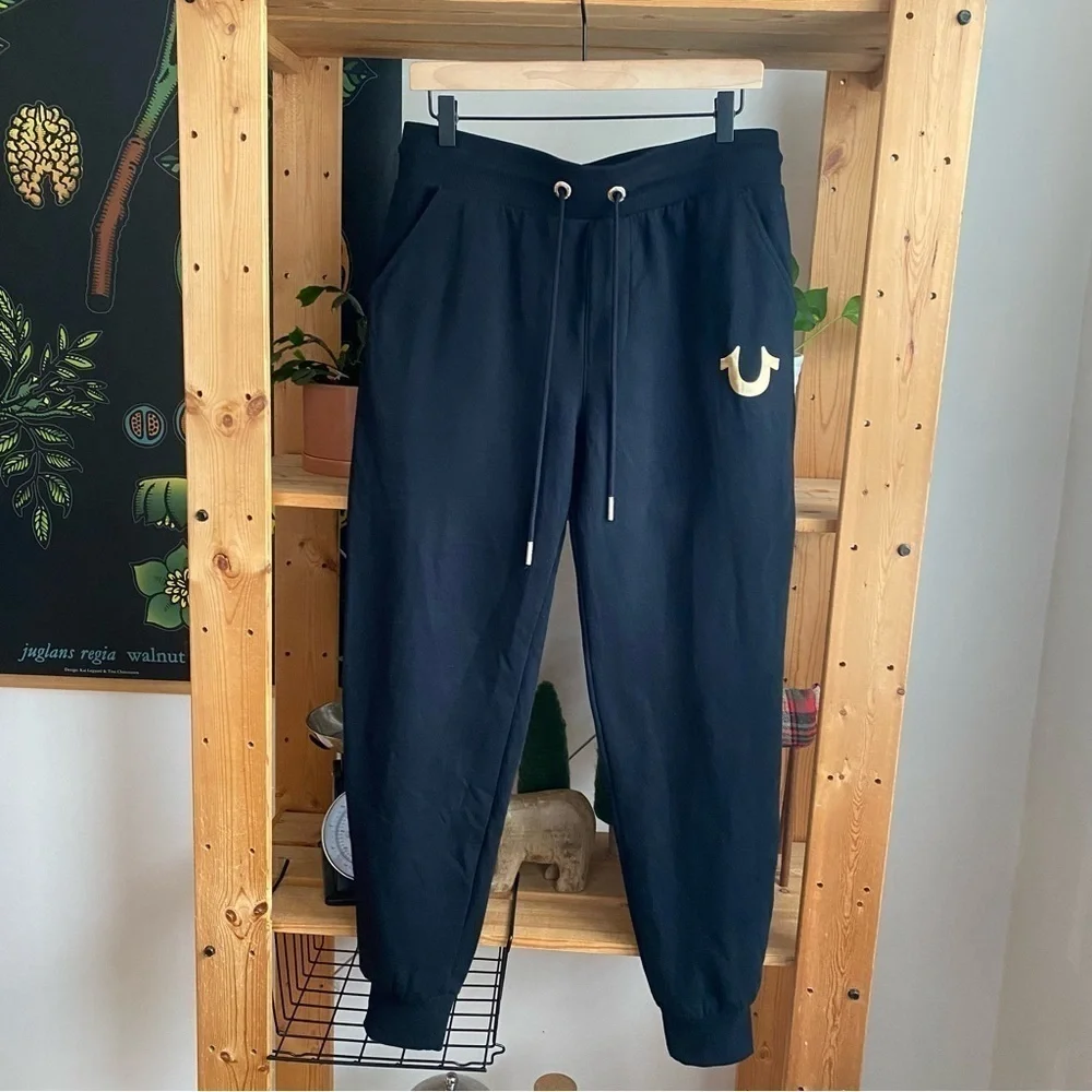 True Religion Black Metallic Gold Horseshoe Jogger Sweatpants Small